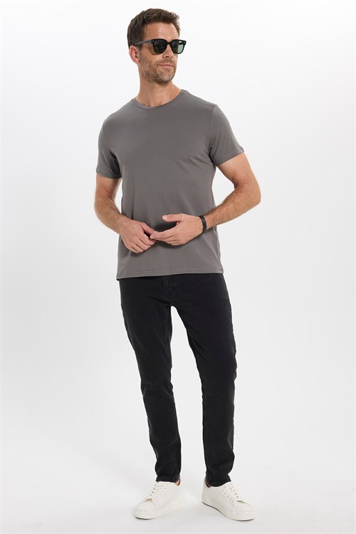 Erkek Slim Fit Dar Kesim Pamuklu Yumuşak Doku Esnek Kumaş Basic Gri Bisiklet Yaka Tişört