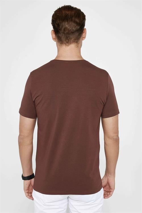 Erkek Slim Fit Dar Kesim Pamuklu Likralı Esnek Kumaş Basic Kahverengi Bisiklet Yaka Tişört