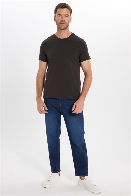 Erkek Slim Fit Dar Kesim Pamuklu Yumuşak Doku Esnek Kumaş Basic Kahverengi Bisiklet Yaka Tişört