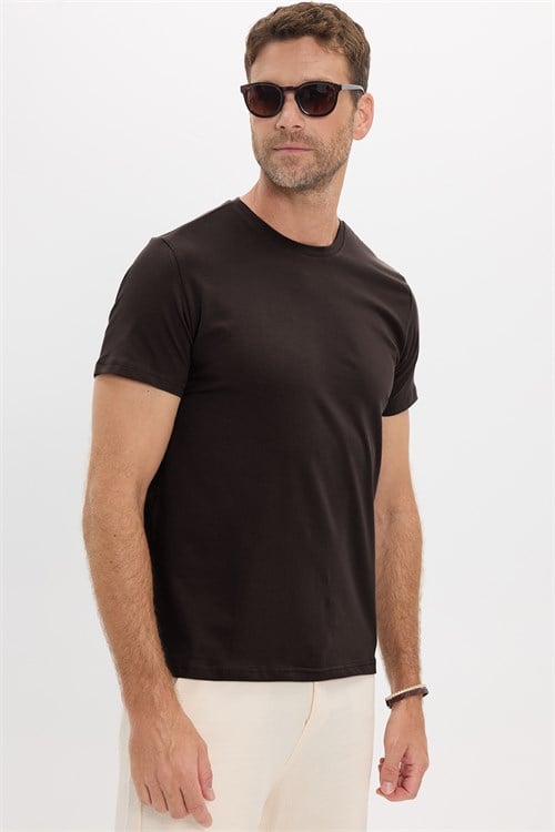 Erkek Slim Fit Dar Kesim Pamuklu Yumuşak Doku Esnek Kumaş Basic Kahverengi Bisiklet Yaka Tişört