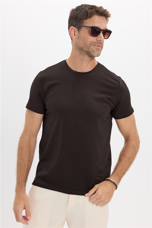 Erkek Slim Fit Dar Kesim Pamuklu Yumuşak Doku Esnek Kumaş Basic Kahverengi Bisiklet Yaka Tişört