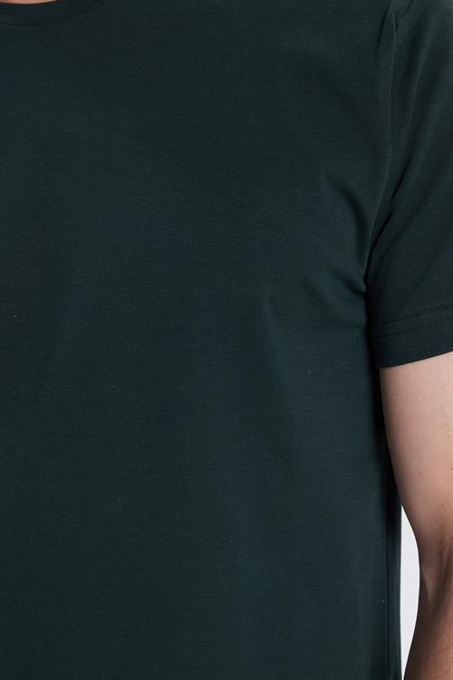 Erkek Slim Fit Dar Kesim Pamuklu Yumuşak Doku Likralı Esnek Kumaş Basic Koyu Yeşil Bisiklet Yaka Tişört