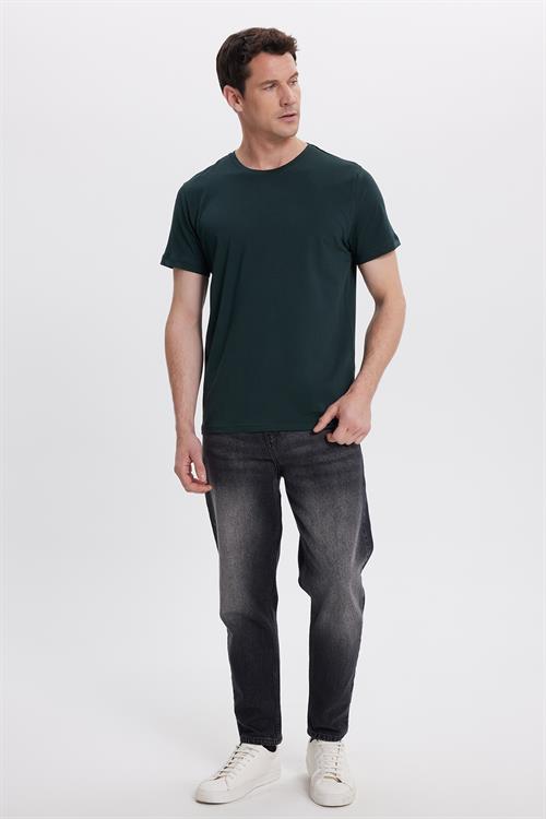 Erkek Slim Fit Dar Kesim Pamuklu Yumuşak Doku Likralı Esnek Kumaş Basic Koyu Yeşil Bisiklet Yaka Tişört