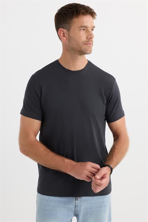 Erkek Slim Fit Dar Kesim Pamuklu Yumuşak Doku Likralı Esnek Kumaş Basic Gri Bisiklet Yaka Tişört