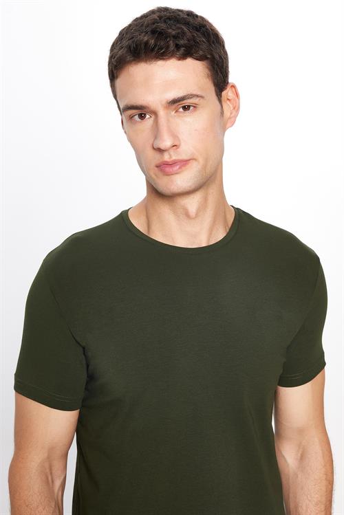 Erkek Slim Fit Dar Kesim Pamuklu Yumuşak Doku Likralı Esnek Kumaş Basic Haki Bisiklet Yaka Tişört