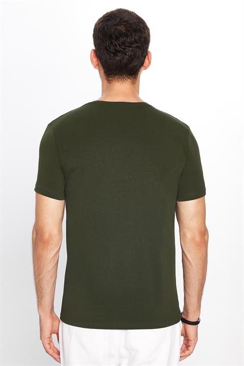 Erkek Slim Fit Dar Kesim Pamuklu Yumuşak Doku Likralı Esnek Kumaş Basic Haki Bisiklet Yaka Tişört
