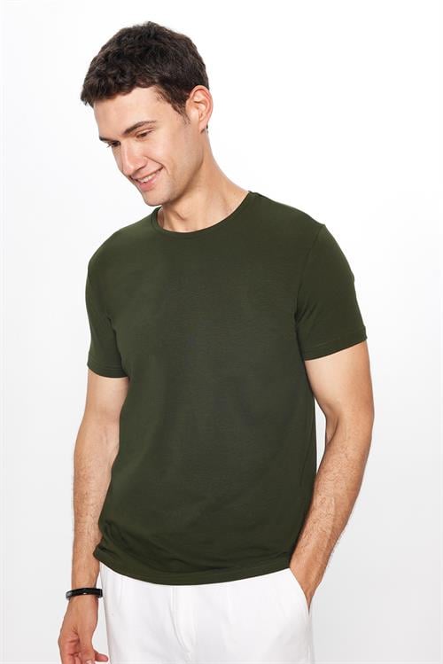Erkek Slim Fit Dar Kesim Pamuklu Yumuşak Doku Likralı Esnek Kumaş Basic Haki Bisiklet Yaka Tişört