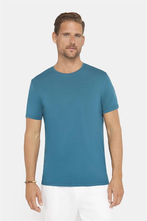 Erkek Slim Fit Dar Kesim Pamuklu Yumuşak Doku Likralı Esnek Kumaş Basic Petrol Bisiklet Yaka Tişört