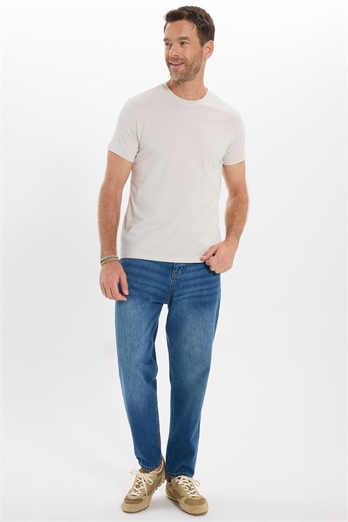 Erkek Slim Fit Dar Kesim Pamuklu Yumuşak Doku Esnek Kumaş Basic Bej Bisiklet Yaka Tişört