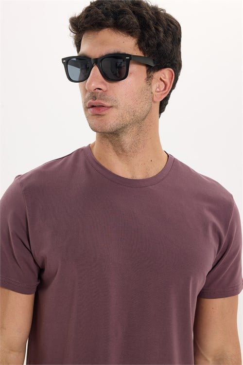 Erkek Slim Fit Dar Kesim Pamuklu Yumuşak Doku Likralı Esnek Kumaş Basic Mürdüm Bisiklet Yaka Tişört