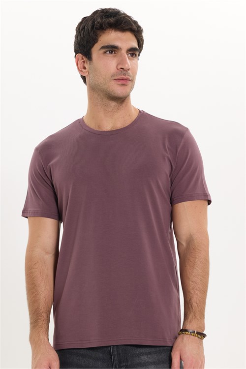 Erkek Slim Fit Dar Kesim Pamuklu Yumuşak Doku Likralı Esnek Kumaş Basic Mürdüm Bisiklet Yaka Tişört