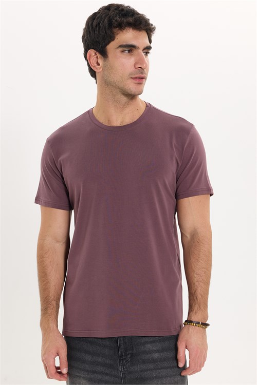 Erkek Slim Fit Dar Kesim Pamuklu Yumuşak Doku Likralı Esnek Kumaş Basic Mürdüm Bisiklet Yaka Tişört