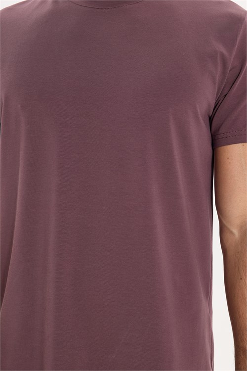 Erkek Slim Fit Dar Kesim Pamuklu Yumuşak Doku Likralı Esnek Kumaş Basic Mürdüm Bisiklet Yaka Tişört