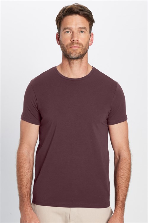 Erkek Slim Fit Dar Kesim Pamuklu Yumuşak Doku Likralı Esnek Kumaş Basic Mürdüm Bisiklet Yaka Tişört