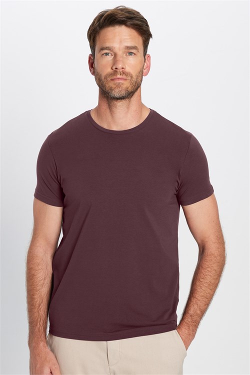 Erkek Slim Fit Dar Kesim Pamuklu Yumuşak Doku Likralı Esnek Kumaş Basic Mürdüm Bisiklet Yaka Tişört