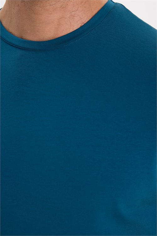 Erkek Slim Fit Dar Kesim Pamuklu Yumuşak Doku Esnek Kumaş Basic Petrol Mavisi Bisiklet Yaka Tişört
