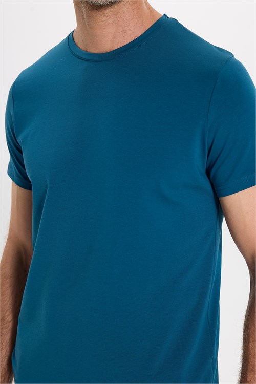 Erkek Slim Fit Dar Kesim Pamuklu Yumuşak Doku Esnek Kumaş Basic Petrol Mavisi Bisiklet Yaka Tişört
