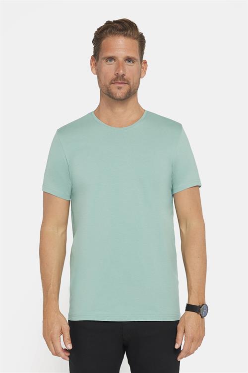 Erkek Slim Fit Dar Kesim Pamuklu Yumuşak Doku Likralı Esnek Kumaş Basic Yeşil Bisiklet Yaka Tişört
