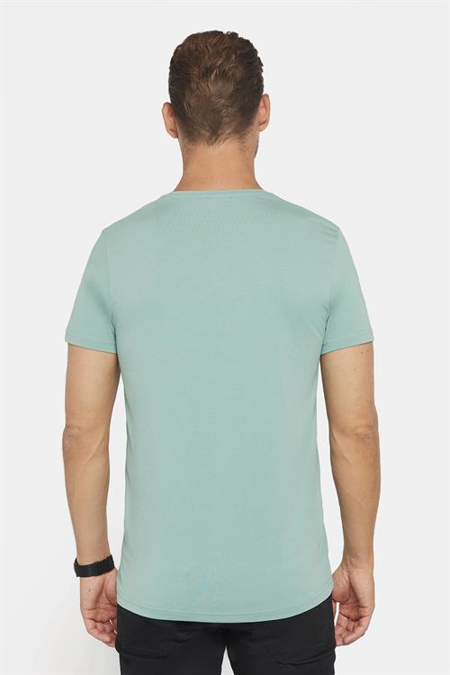 Erkek Slim Fit Dar Kesim Pamuklu Yumuşak Doku Likralı Esnek Kumaş Basic Yeşil Bisiklet Yaka Tişört