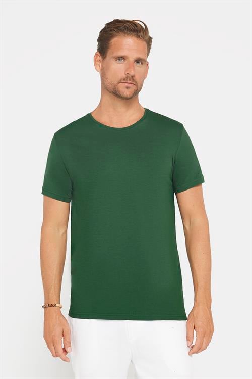 Erkek Slim Fit Dar Kesim Pamuklu Yumuşak Doku Likralı Esnek Kumaş Basic Yeşil Bisiklet Yaka Tişört