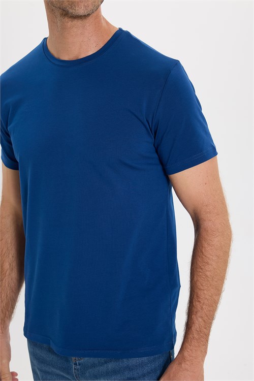 Erkek Slim Fit Dar Kesim Pamuklu Yumuşak Doku Likralı Esnek Kumaş Lacivert Bisiklet Yaka Tişört