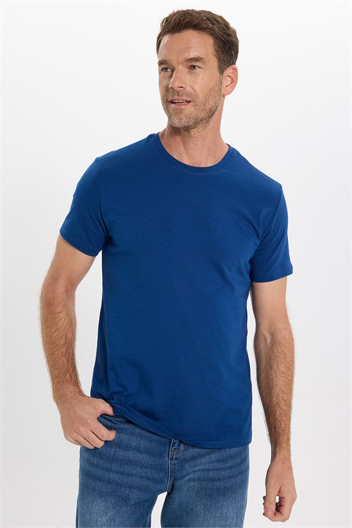 Erkek Slim Fit Dar Kesim Pamuklu Yumuşak Doku Likralı Esnek Kumaş Lacivert Bisiklet Yaka Tişört