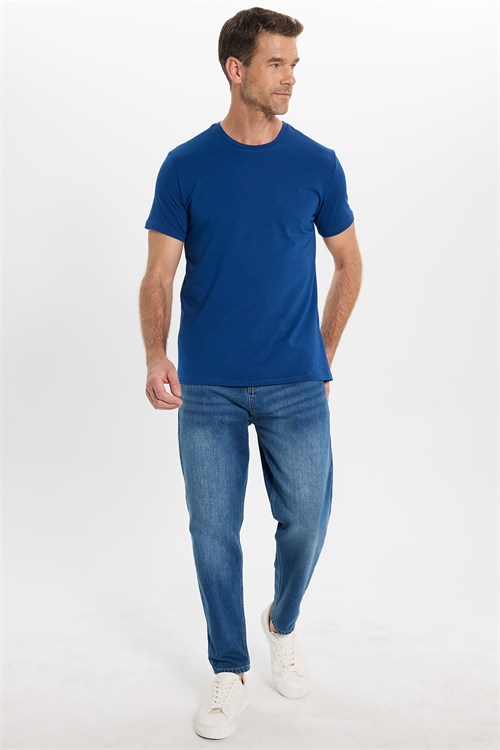 Erkek Slim Fit Dar Kesim Pamuklu Yumuşak Doku Likralı Esnek Kumaş Lacivert Bisiklet Yaka Tişört