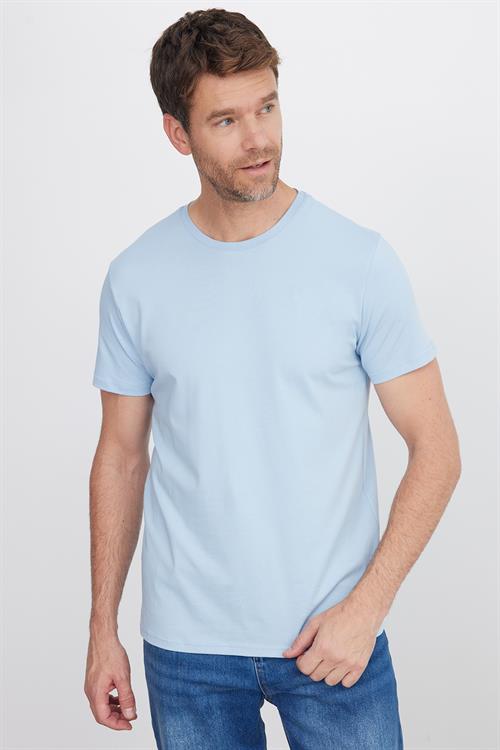 Erkek Slim Fit Dar Kesim Pamuklu Yumuşak Doku Likralı Esnek Kumaş Basic Mavi Bisiklet Yaka Tişört