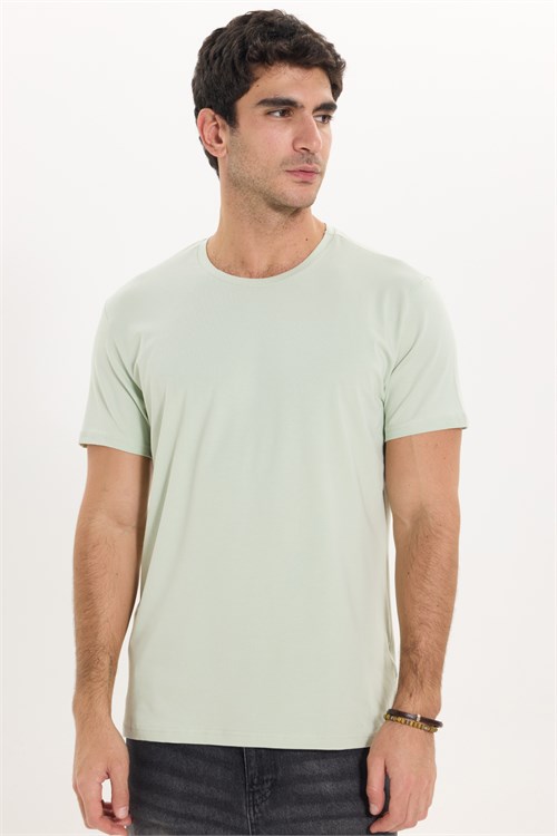 Erkek Slim Fit Dar Kesim Pamuklu Yumuşak Doku Likralı Esnek Kumaş Basic Mint Bisiklet Yaka Tişört