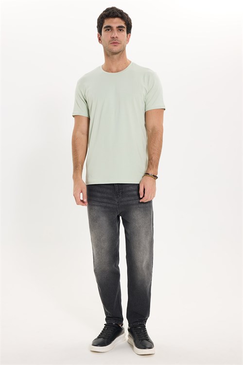 Erkek Slim Fit Dar Kesim Pamuklu Yumuşak Doku Likralı Esnek Kumaş Basic Mint Bisiklet Yaka Tişört