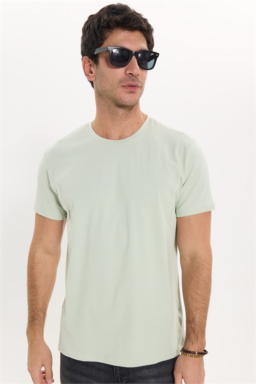 Erkek Slim Fit Dar Kesim Pamuklu Yumuşak Doku Likralı Esnek Kumaş Basic Mint Bisiklet Yaka Tişört