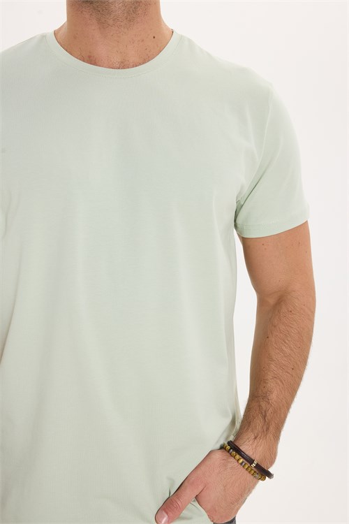 Erkek Slim Fit Dar Kesim Pamuklu Yumuşak Doku Likralı Esnek Kumaş Basic Mint Bisiklet Yaka Tişört