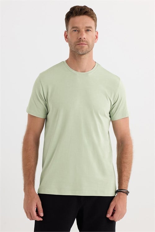 Erkek Slim Fit Dar Kesim Pamuklu Yumuşak Doku Likralı Esnek Kumaş Basic Mint Bisiklet Yaka Tişört