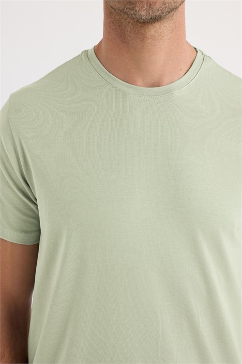 Erkek Slim Fit Dar Kesim Pamuklu Yumuşak Doku Likralı Esnek Kumaş Basic Mint Bisiklet Yaka Tişört