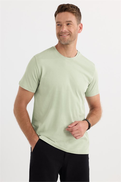 Erkek Slim Fit Dar Kesim Pamuklu Yumuşak Doku Likralı Esnek Kumaş Basic Mint Bisiklet Yaka Tişört