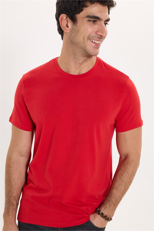 Erkek Slim Fit Dar Kesim Pamuklu Yumuşak Doku Likralı Esnek Kumaş Basic Kırmızı Bisiklet Yaka Tişört