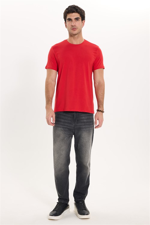 Erkek Slim Fit Dar Kesim Pamuklu Yumuşak Doku Likralı Esnek Kumaş Basic Kırmızı Bisiklet Yaka Tişört