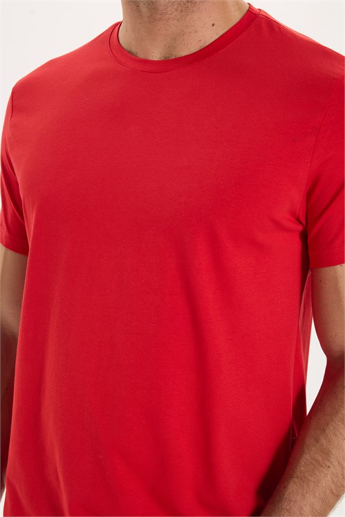 Erkek Slim Fit Dar Kesim Pamuklu Yumuşak Doku Likralı Esnek Kumaş Basic Kırmızı Bisiklet Yaka Tişört
