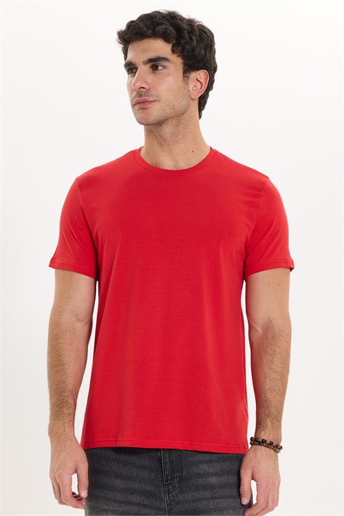 Erkek Slim Fit Dar Kesim Pamuklu Yumuşak Doku Likralı Esnek Kumaş Basic Kırmızı Bisiklet Yaka Tişört