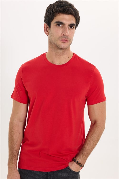 Erkek Slim Fit Dar Kesim Pamuklu Yumuşak Doku Likralı Esnek Kumaş Basic Kırmızı Bisiklet Yaka Tişört