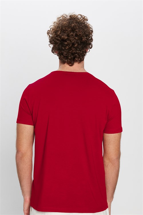 Erkek Slim Fit Dar Kesim Pamuklu Yumuşak Doku Likralı Esnek Kumaş Basic Kırmızı Bisiklet Yaka Tişört