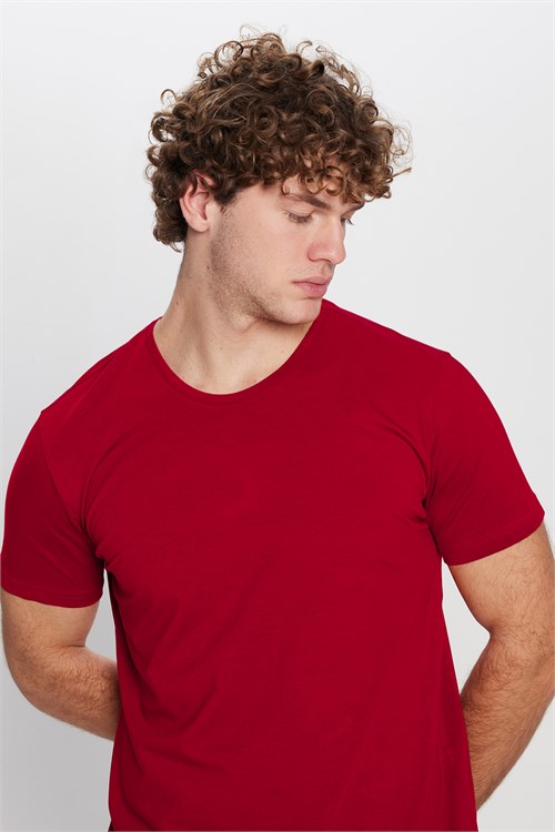 Erkek Slim Fit Dar Kesim Pamuklu Yumuşak Doku Likralı Esnek Kumaş Basic Kırmızı Bisiklet Yaka Tişört