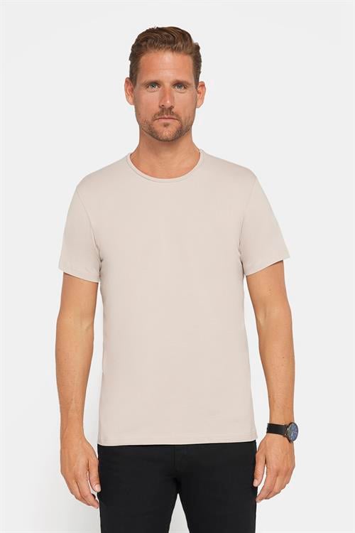 Erkek Slim Fit Dar Kesim Pamuklu Likralı Esnek Kumaş Basic Taş Renk Bisiklet Yaka Tişört