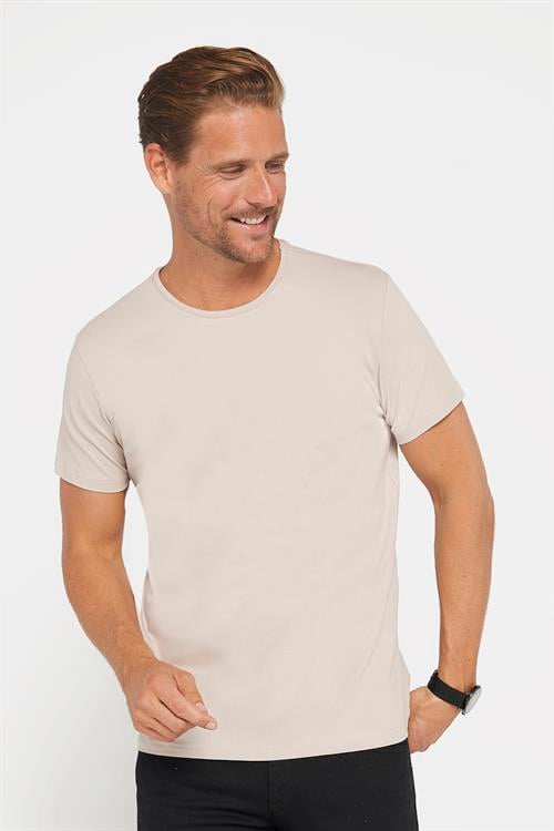 Erkek Slim Fit Dar Kesim Pamuklu Likralı Esnek Kumaş Basic Taş Renk Bisiklet Yaka Tişört