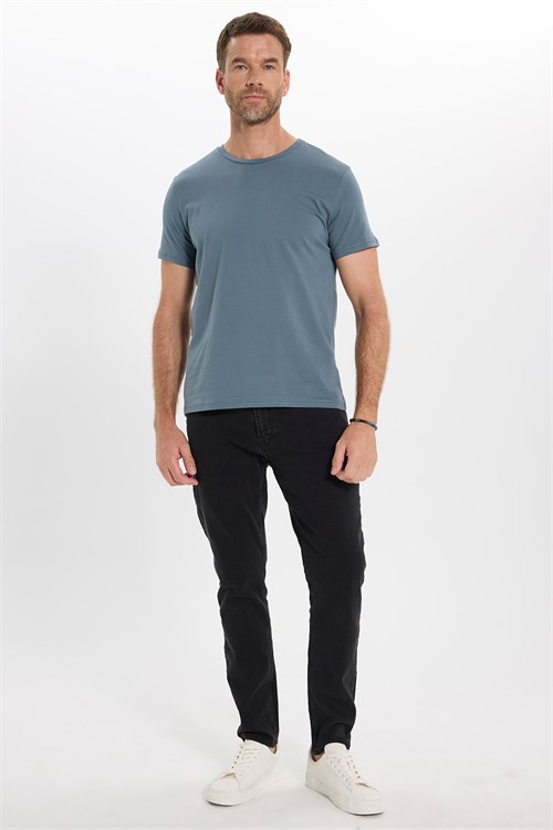 Erkek Slim Fit Dar Kesim Pamuklu Yumuşak Doku Esnek Kumaş Basic Açık Petrol Bisiklet Yaka Tişört