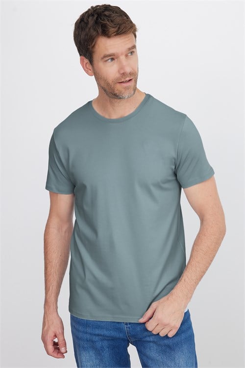 Erkek Slim Fit Dar Kesim Pamuklu Yumuşak Doku Esnek Kumaş Basic Açık Petrol Bisiklet Yaka Tişört