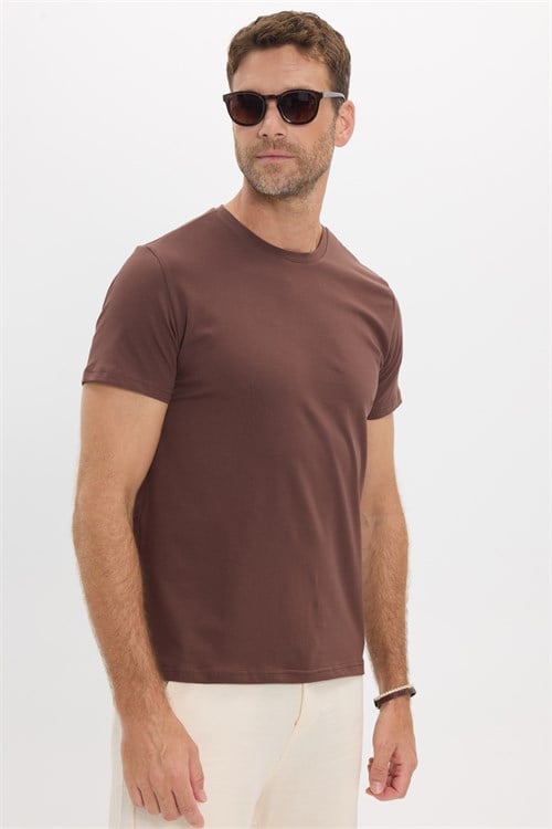 Erkek Slim Fit Dar Kesim Pamuklu Yumuşak Doku Esnek Kumaş Basic Kahverengi Bisiklet Yaka Tişört