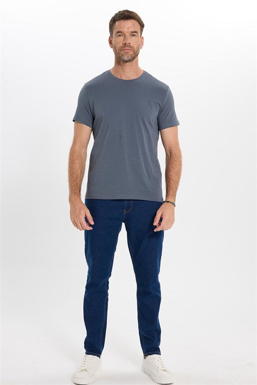 Erkek Slim Fit Dar Kesim Pamuklu Yumuşak Doku Esnek Kumaş Basic Gri Bisiklet Yaka Tişört