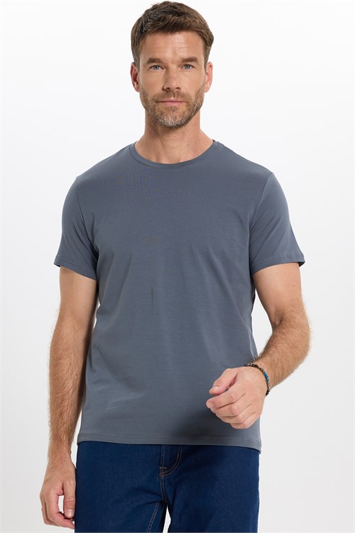 Erkek Slim Fit Dar Kesim Pamuklu Yumuşak Doku Esnek Kumaş Basic Gri Bisiklet Yaka Tişört