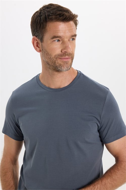 Erkek Slim Fit Dar Kesim Pamuklu Yumuşak Doku Esnek Kumaş Basic Gri Bisiklet Yaka Tişört